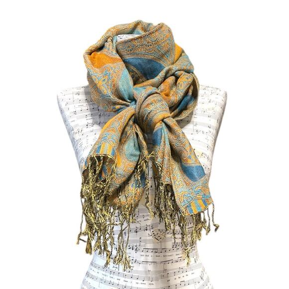 Pashmina Reversible Teal & Gold Paisley Pashmina Shawl Wrap - Picture 1 of 9